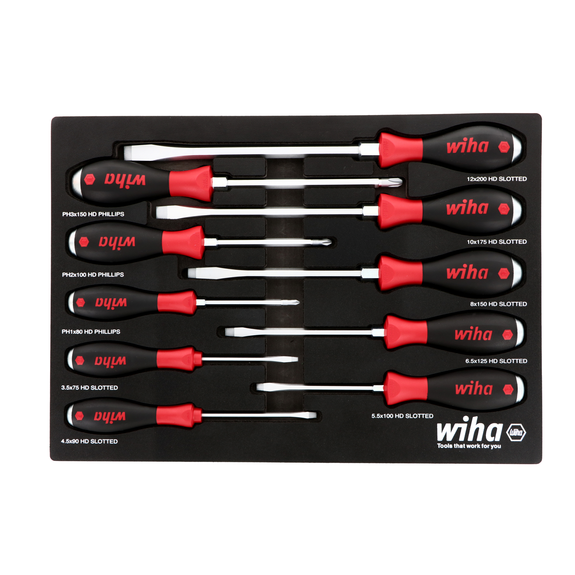 Wiha Tools 10 Piece SoftFinish XHeavy Duty Cushion Grip Screwdriver Tray Set, Model #53180